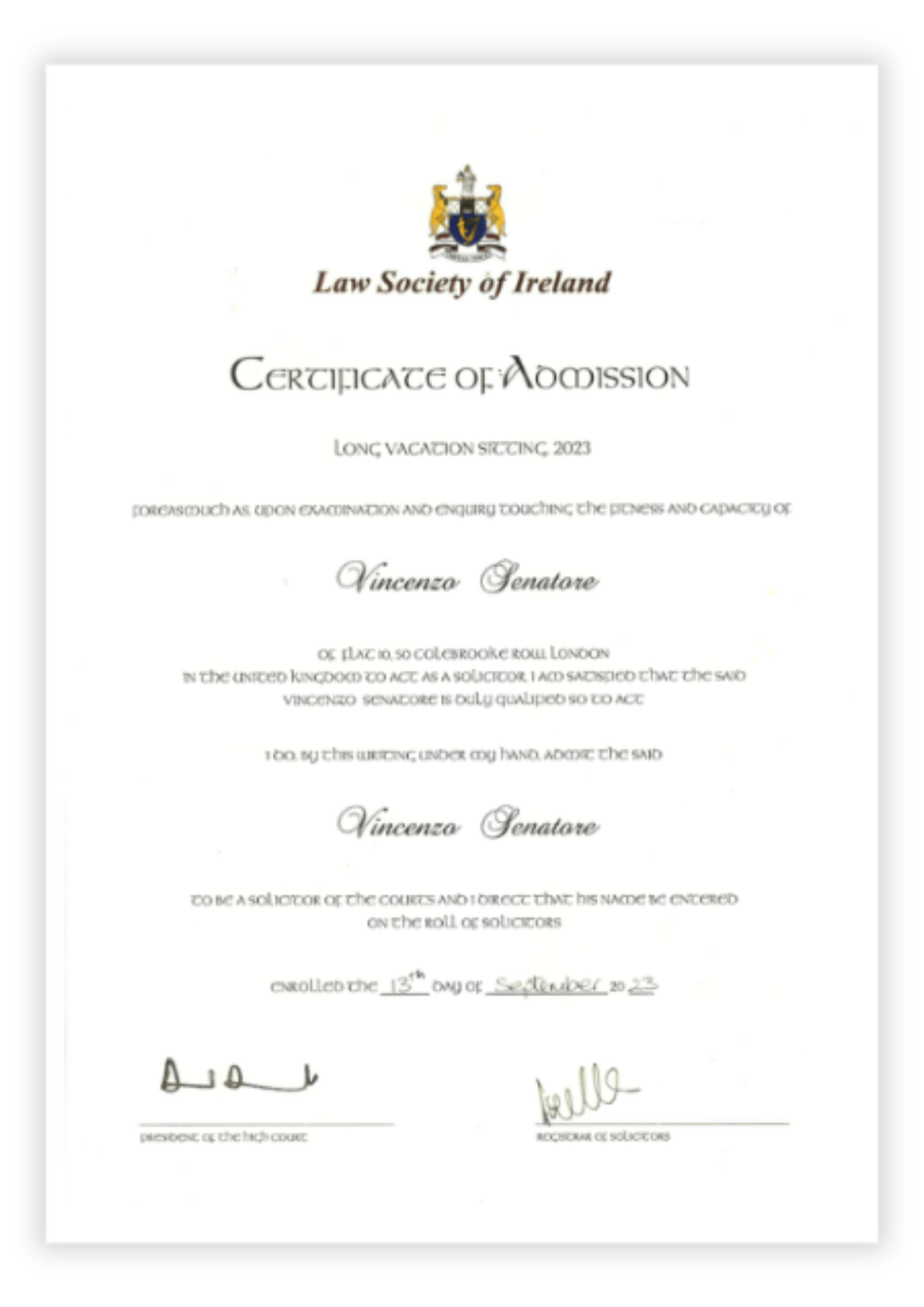 Vincenzo Senatore  Certificate of Admission Law Society of Ireland