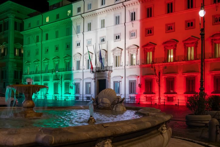 Palazzo Chigi illuminated with the colors of the Italian flag