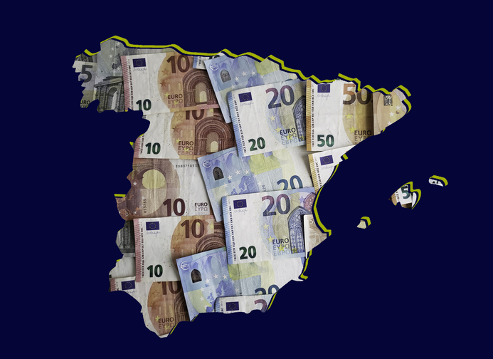 A map of Spain made with euro banknotes