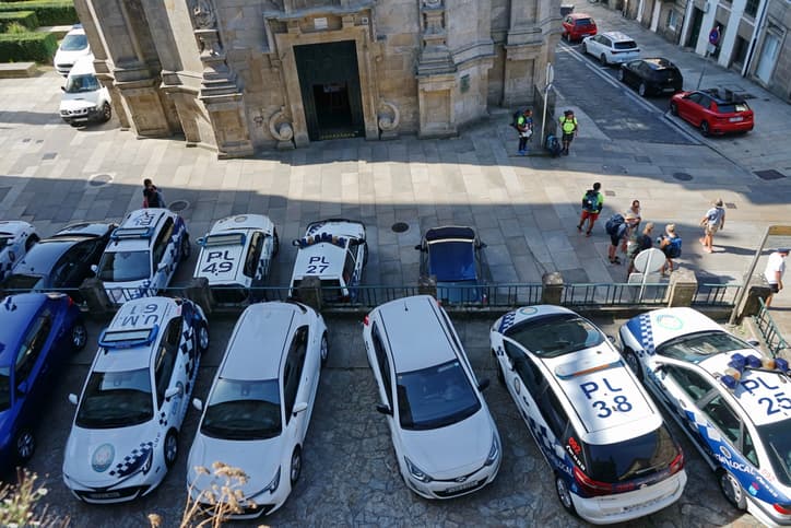 Cars of the Local Police of Santiago de Compostela parked in front of the Police Station